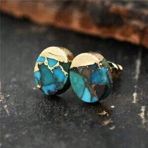 Genuine Turquoise Gold Plated Women Healing Reiki Dainty Oval Stud Earrings Gift